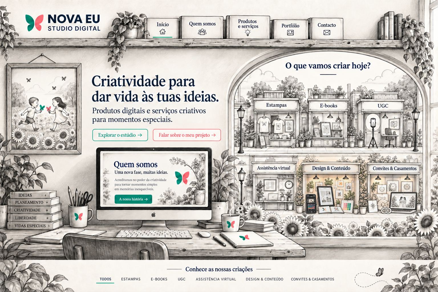 Estúdio criativo ilustrado a lápis com prateleira, computador, quadro das crianças com a rua das seis lojas